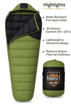 RhinoKraft Olive Mummy Sleeping Bag | 10 To 20 °C Lightweight 1.8 kg | Oversized 86″×30″ | Tall-Friendly Fit for Camping, Trekking & Biking