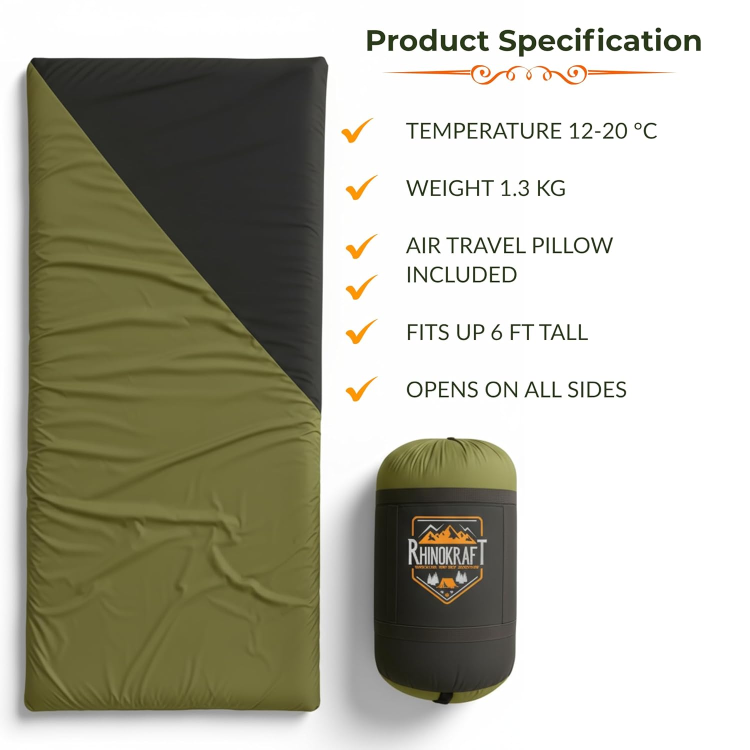 RhinoKraft Spartan Olive Rectangular Sleeping Bag | Lightweight 1.3 kg | Comfort 12 °Celcius | Durable Nylon & Reliance Fibre | Packable for Camping, Biking & Trekking