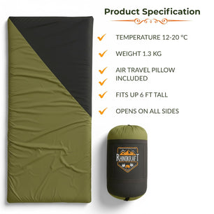 RhinoKraft Spartan Olive Rectangular Sleeping Bag | Lightweight 1.3 kg | Comfort 12 °Celcius | Durable Nylon & Reliance Fibre | Packable for Camping, Biking & Trekking