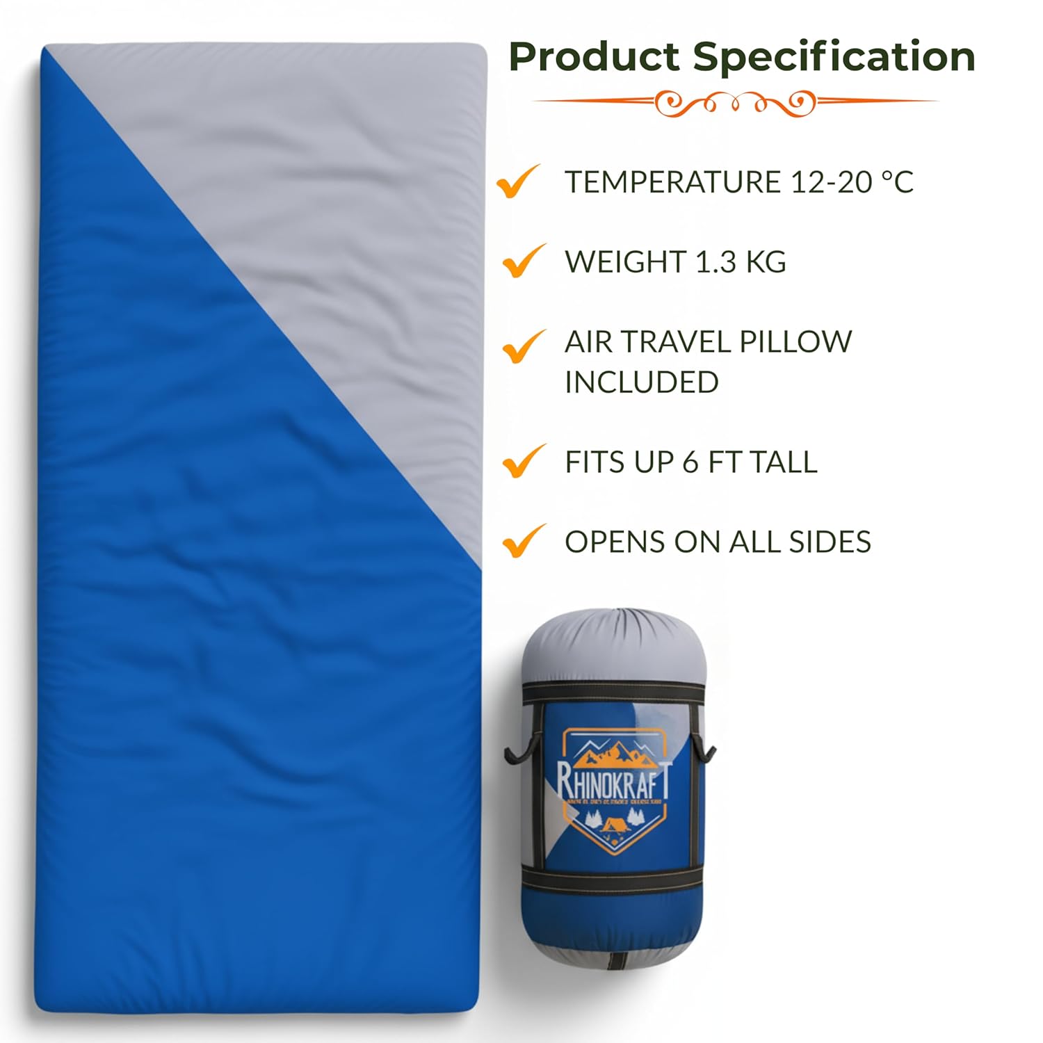 RhinoKraft Spartan Rectangular Sleeping Bag | Lightweight 1.3 kg | Comfort 12 °Celcius | Durable Nylon & Reliance Fibre | Packable for Camping, Biking & Trekking