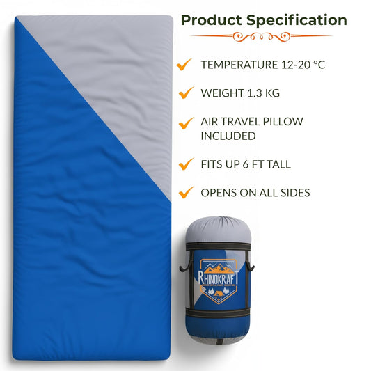 RhinoKraft Spartan Rectangular Sleeping Bag | Lightweight 1.3 kg | Comfort 12 °Celcius | Durable Nylon & Reliance Fibre | Packable for Camping, Biking & Trekking