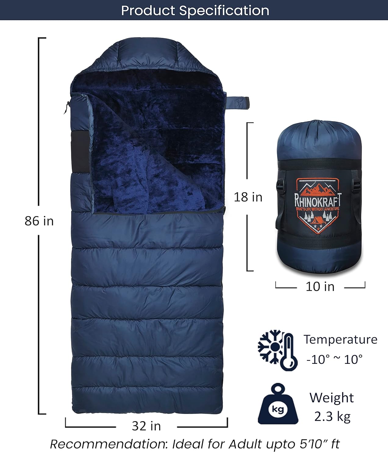 RhinoKraft 10 Degree Sleeping Bag Soft Fur Lining Extra Large Siz