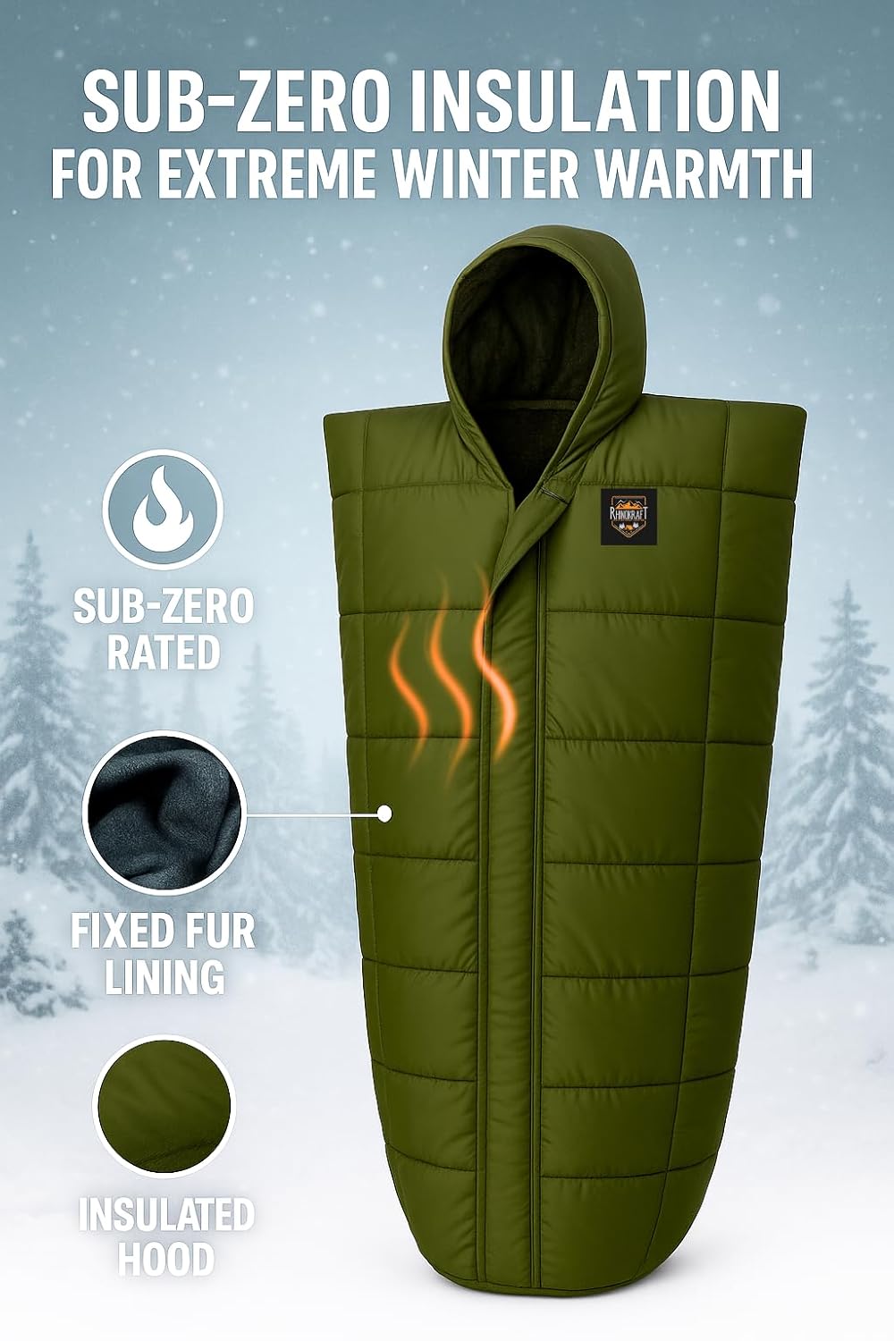 RhinoKraft Ranger Army-Grade Mummy Sleeping Bags for Adults | Premium TPU Shell with Fixed Fur Insulation | Extra-Tall 7ft Fit | Sub-Zero Rated
