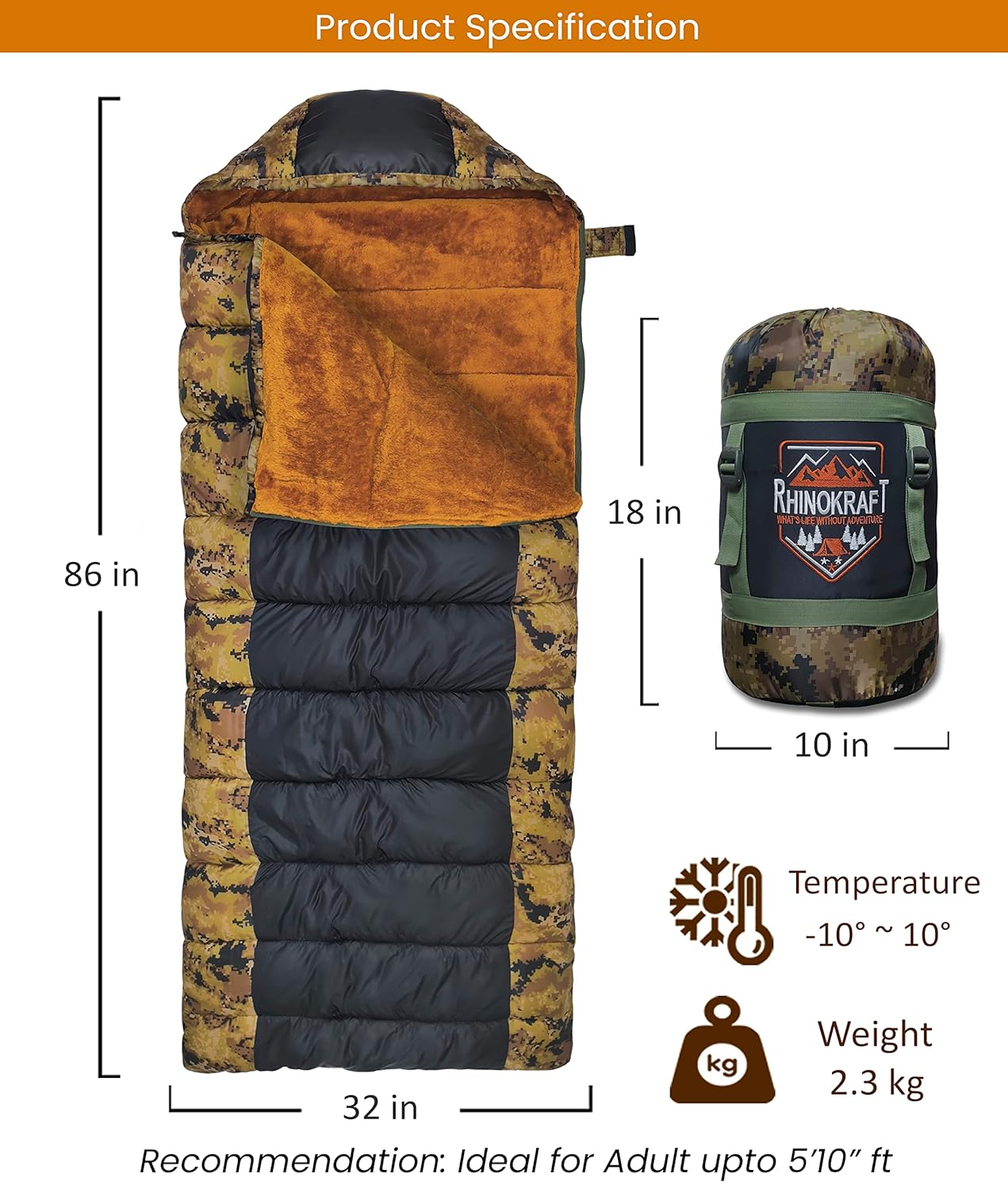 RhinoKraft -10 Degree Sleeping Bag for Adult | Soft Fur Lining | Extra Large Size | 2.4 Kg Weight | Soft and Warm Sleeping Bag for Adventure | Camping, Trekking and Outdoor Activity RK-PYRAMID