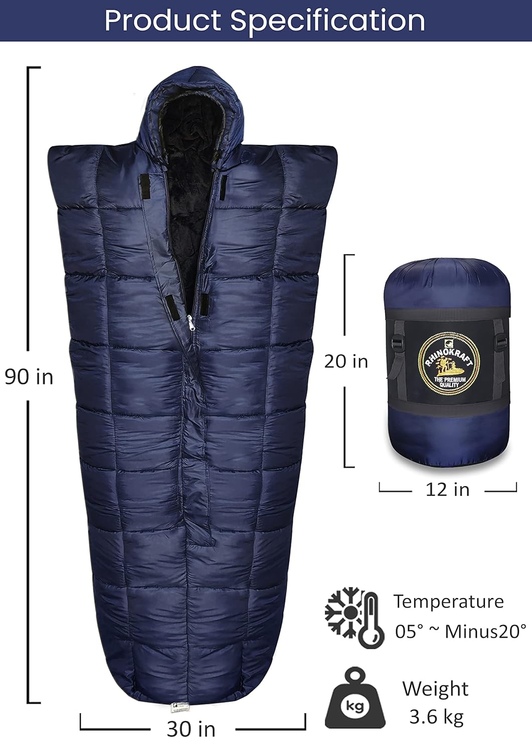 RhinoKraft Warriors Navy Blue Sleeping Bag ! Detachable Inner Liner ! 6 Layers ! Extra Large Size for Temp -20c ! 6.5 Ft RK-WARRIORS-BLU