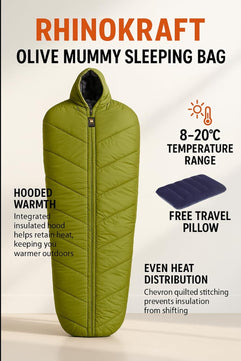 RhinoKraft Olive Mummy Sleeping Bag | 8–20 °C Comfort | 1.5 kg Lightweight | Oversize 86″×30″ for 7-ft Plus | Compact Hooded Design for Camping, Trekking & Biking