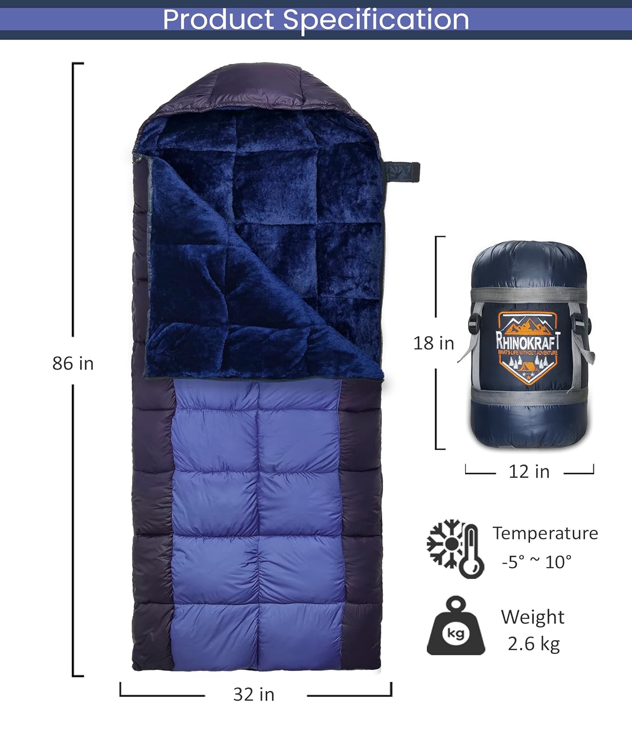 RhinoKraft -10 Degree | Jumbo Size | Soft Fur Lining | 2.6 Kg Weight | Soft and Warm Sleeping Bag for Adventure | Camping, Trekking and Outdoor Activity  RK-DOLPHIN-BLU