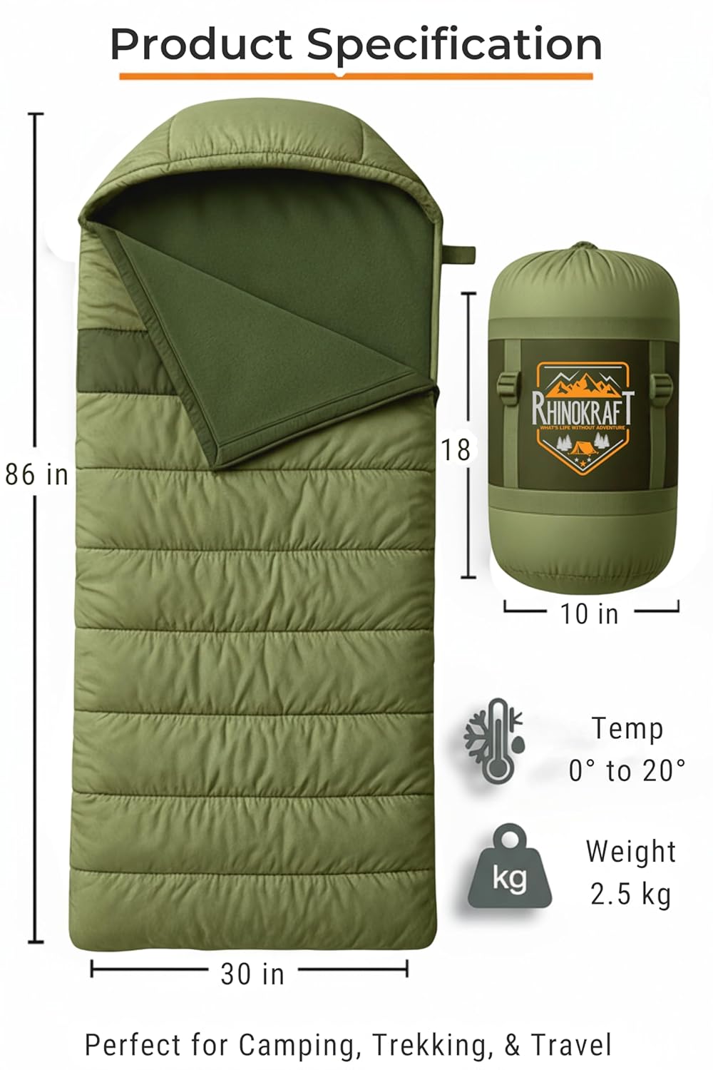 RhinoKraft Winter Sleeping Bag for Adults & Men | Cold Weather Rated 0–15°C | 2.4 kg | Detachable Liner | Sleeping Bag for Camping, Trekking & Outdoor Adventure