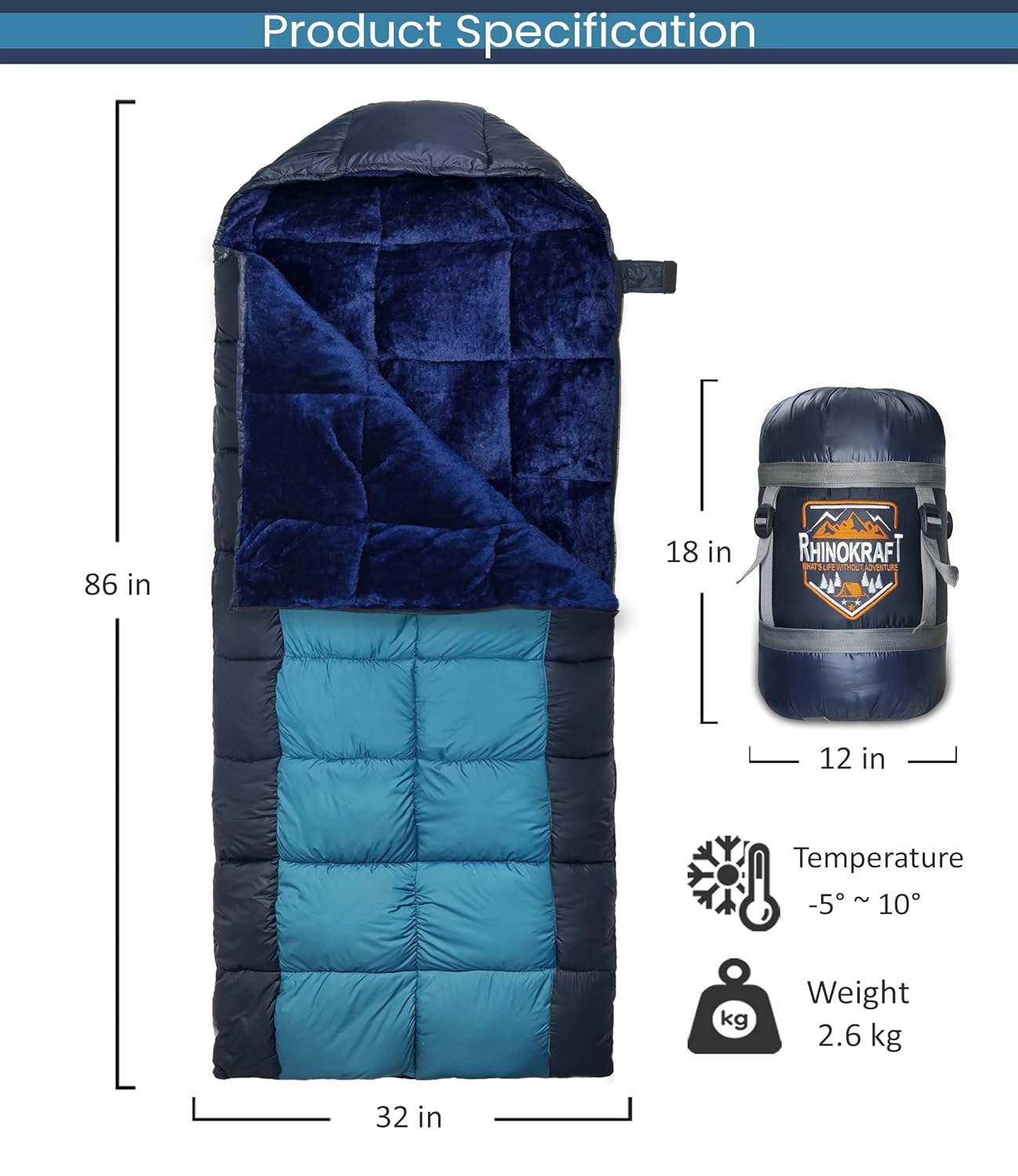 RhinoKraft -10 Degree | Jumbo Size | Soft Fur Lining | 2.6 Kg Weight | Soft and Warm Sleeping Bag for Adventure | Camping, Trekking and Outdoor Activity  RK-DOLPHIN-ABLU