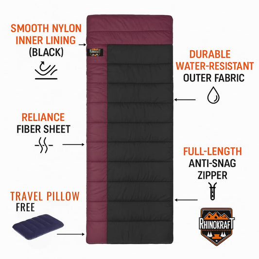 RhinoKraft 3 Season Warm & Cool Weather - Summer, Spring, Winter, Lightweight, for Adults & Kids - Camping Gear Equipment, Traveling and Outdoors RK-RAZMNRN