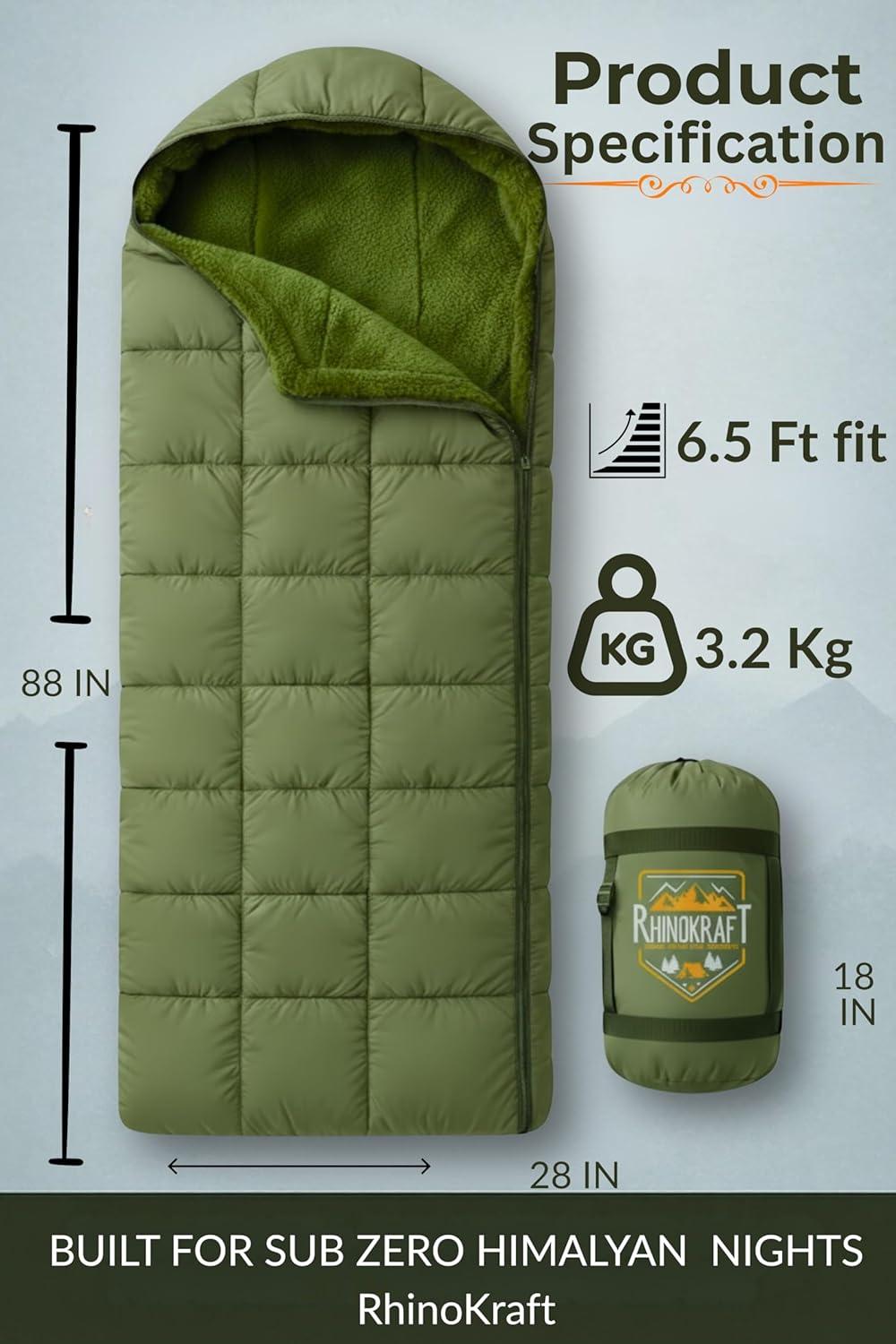 RhinoKraft Arctic Series Sleeping Bag for Adults | -10°C Winter Camping Sleeping Bag with Detachable Fur Liner | Heavy-Duty 3.2 kg Rectangular Design | Water-Resistant Butter Nylon | 6.5 ft Height Fit