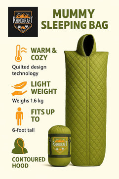 RhinoKraft Beast Quilted Mummy Sleeping Bag | Fixed Fur Insulation for Winter | 5–20 °C Comfort | 1.7 kg Lightweight | Fits Up to 7-ft Tall | Rugged Olive Army Sleeping Bag for Camping & Trekking