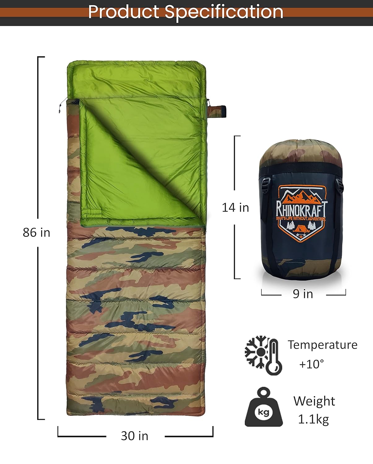 RhinoKraft Army Design ! Tactical Print Sleeping Bags for Adults | Light Weight 1 Kg |Spacious Design CAMO