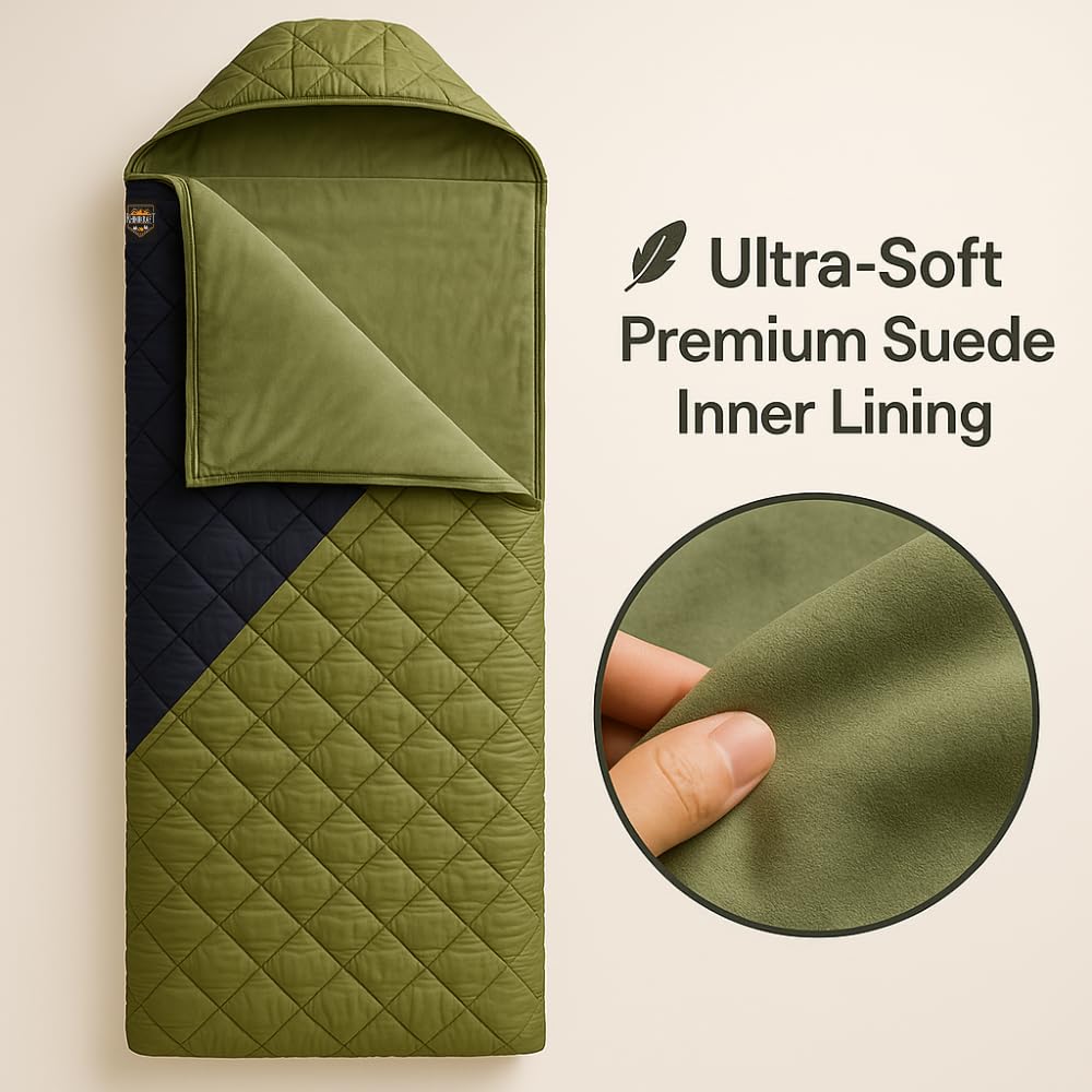 RhinoKraft Predator Quilted Rectangular Sleeping Bag | Suede-Lined for 0°C Warmth | Fits Up to 6ft Tall | Fully Opens as Blanket | Rugged Olive Design | Hollow Fiber Outdoor Gear for Camping