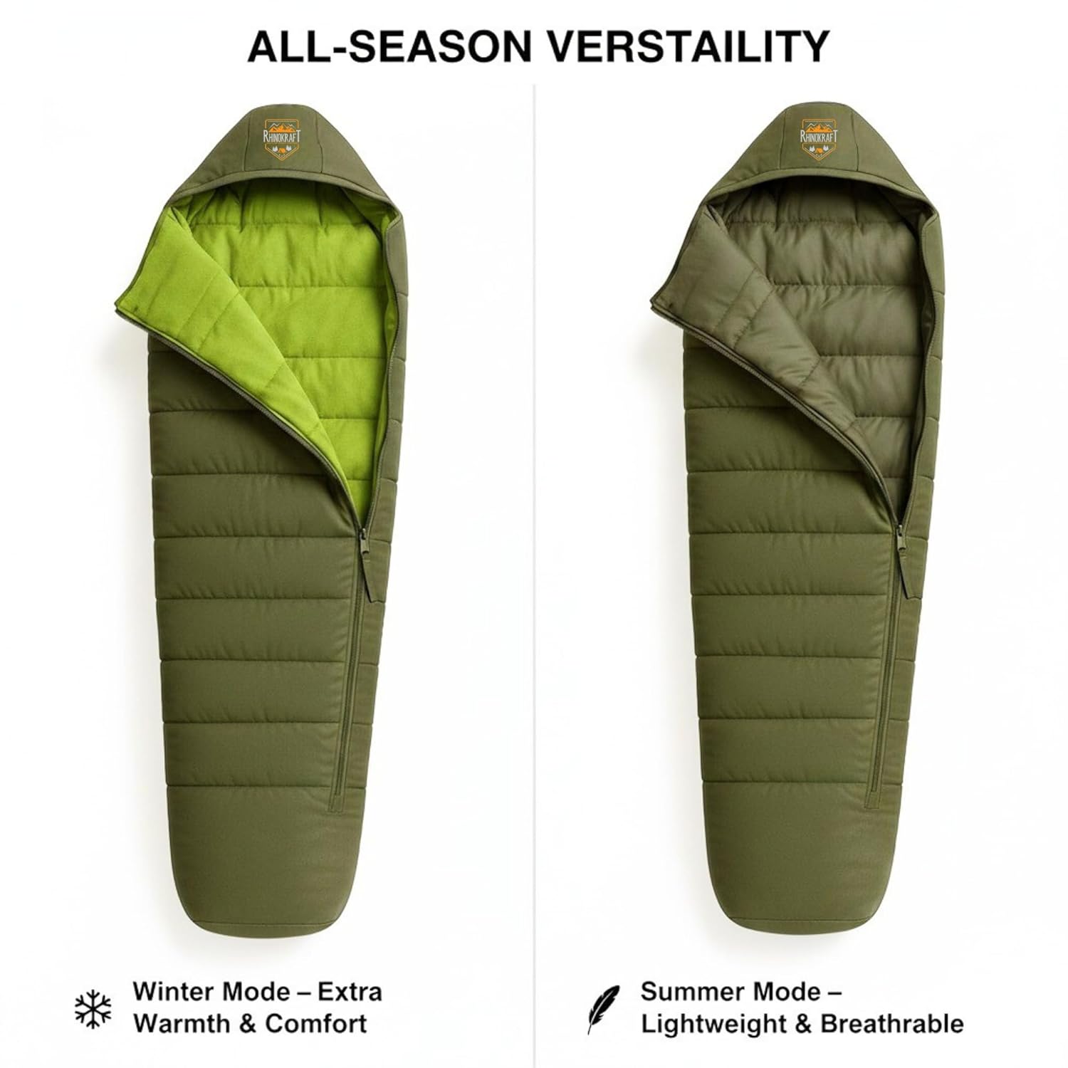 RhinoKraft Phantom Mummy Sleeping Bag | Detachable Suede-Lined Interior | Rugged TPU Shell for Extreme Durability | Fits Up to 7ft Tall | 2.9 kg Dark Olive Army-Grade Gear for Camping & Trekking
