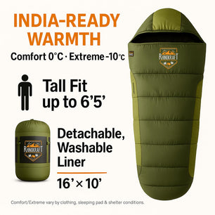 RhinoKraft -10°C Extreme | Anti-Pilling Fleece Liner | Extra-Large 6.5 ft Mummy Sleeping Bag | Warm, Durable & Portable for Camping, Trekking & Outdoor Adventure