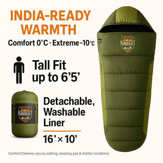RhinoKraft -10°C Extreme | Anti-Pilling Fleece Liner | Extra-Large 6.5 ft Mummy Sleeping Bag | Warm, Durable & Portable for Camping, Trekking & Outdoor Adventure