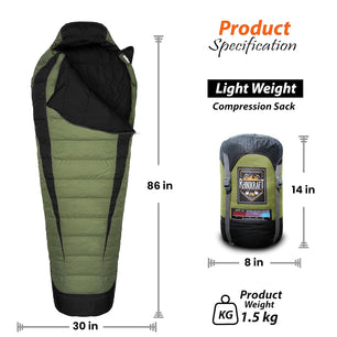 RhinoKraft -10 Degree Mummy Down Sleeping Bag for Adults | Lightweight with Compression Sack | RK-ALPY-OLIVE