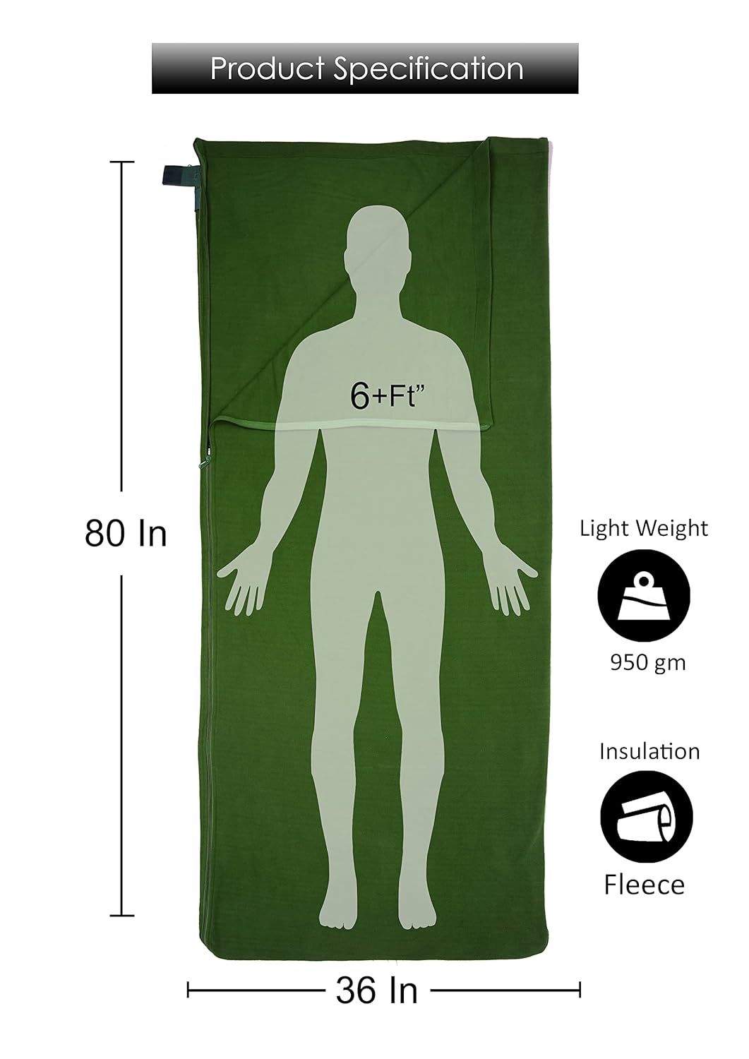 RhinoKraft Lightweight Compact Microfiber Fleece Sleeping Bag Liner 190 x 90cm / 75" x 35" Long Full Sized Zipper Outdoor Camping Blanket Travel Sheet for Sleepovers, Camping, Sporting Events