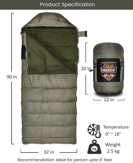 RhinoKraft Plus Size Zero Degree Envelope Sleeping Bag for Adults for Mild to Harsh Winter RK-BHEEM-OLV