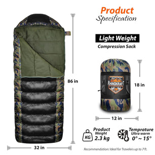 RhinoKraft Champion 0 Degree Stylish Army Design! Extra Large Size ! Premium Sleeping Bag for camping for Adults in Winter. Weight 2.3 Kg