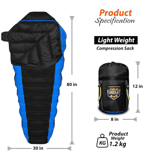 RhinoKraft Mummy Camping Sleeping Bag - 3 Season Warm & Cool Weather | BIGBLUE