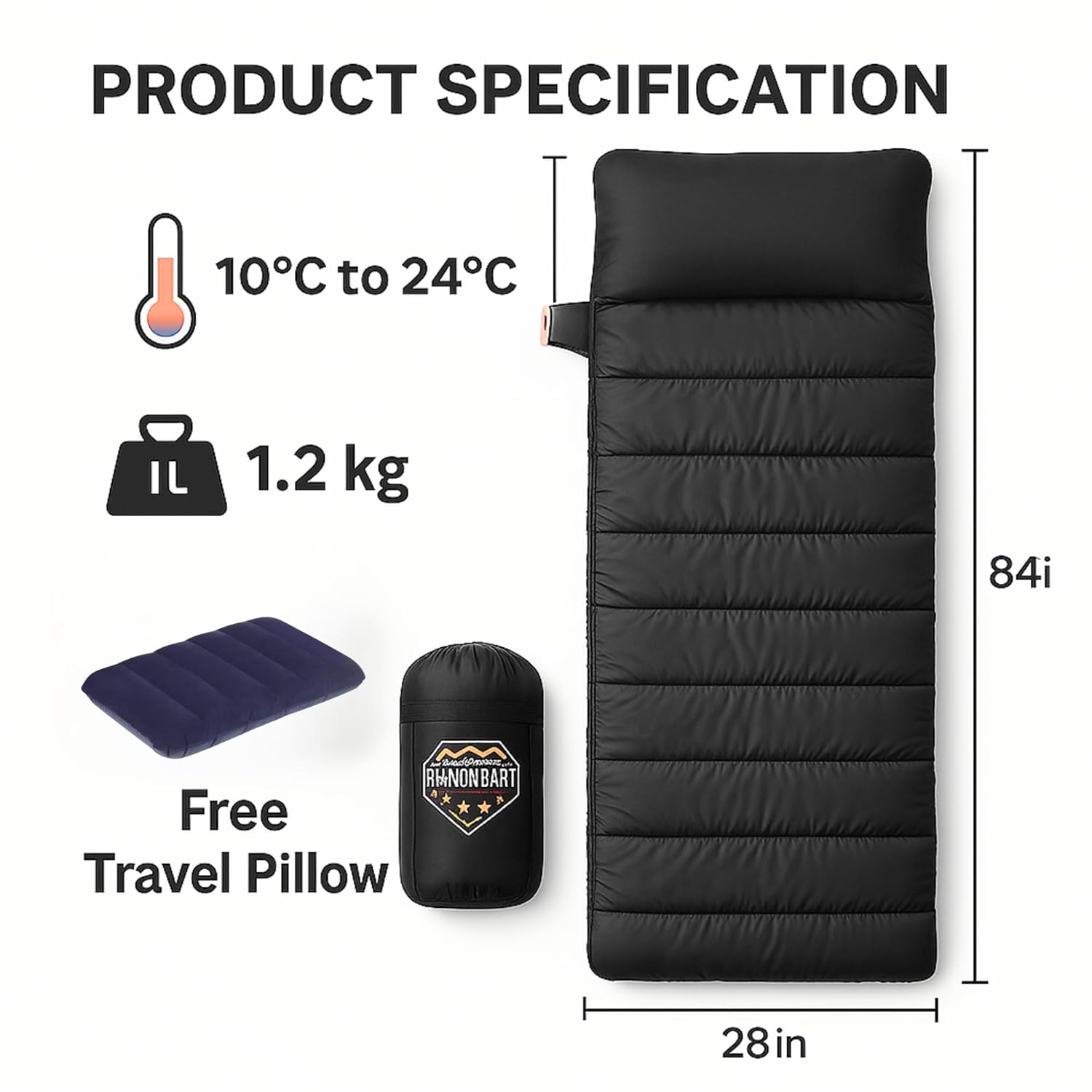 RhinoKraft Camping Sleeping Bag - 3 Season Warm & Cool Weather - Summer, Spring, Winter, Lightweight, for Adults & Kids - Camping Gear Equipment, Traveling and Outdoors