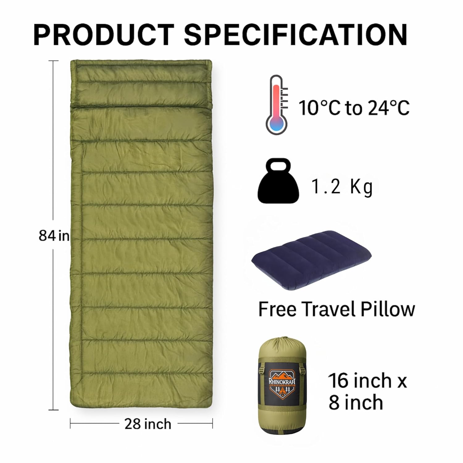 RhinoKraft Camping Sleeping Bag - 3 Season Warm & Cool Weather - Summer, Spring, Winter, Lightweight, for Adults & Kids - Camping Gear Equipment, Traveling and Outdoors