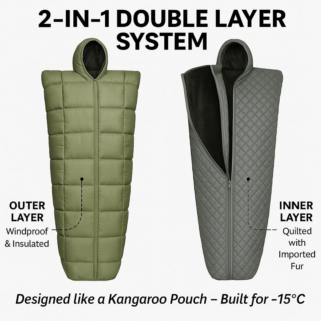 RhinoKraft Minus 15 Degree Sleeping Bag - Military-Grade, 9ft, Double-Layered | Heavy-Duty Winter Gear for Army & Defence | Rated for 0°C to -15°C, 4kg