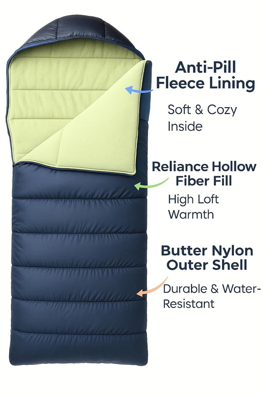 RhinoKraft Rectangular Sleeping Bag with Pillow | Lightweight, Waterproof, Compact for Camping, Trekking, Travel | Comfort Temp 0°C to 18°C | Includes Carry Bag