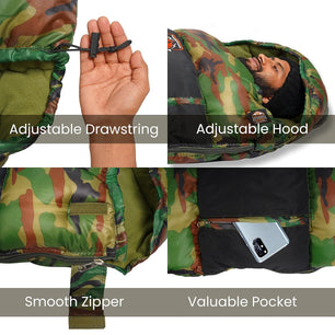 RhinoKraft Extra Large Size Army Sleeping Bag for Adults, Military Design, Weigh 2.6 Kg for Trekking, Travelling and Camping! Free Compression Sack