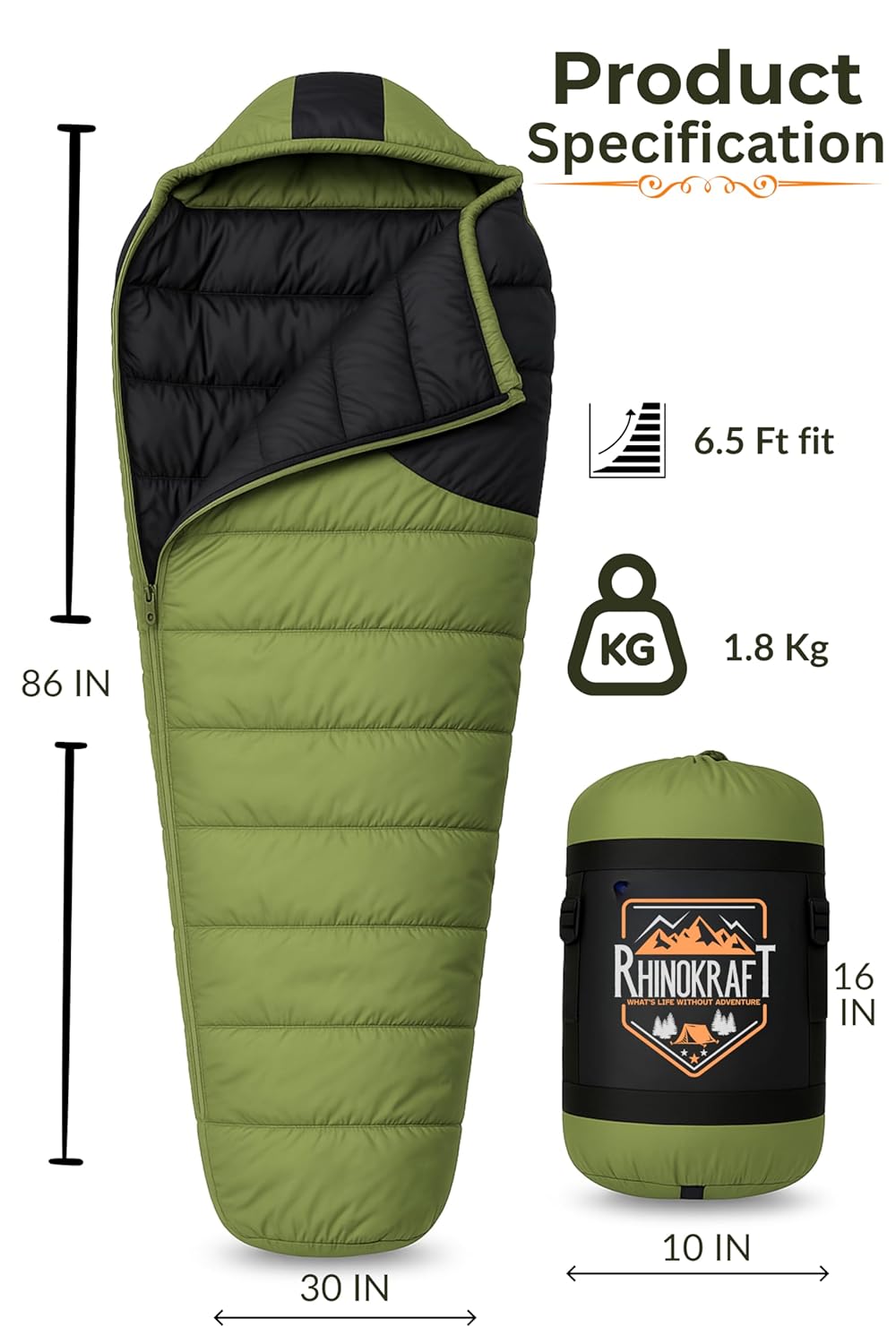 RhinoKraft Olive Mummy Sleeping Bag | 10 To 20 °C Lightweight 1.8 kg | Oversized 86″×30″ | Tall-Friendly Fit for Camping, Trekking & Biking