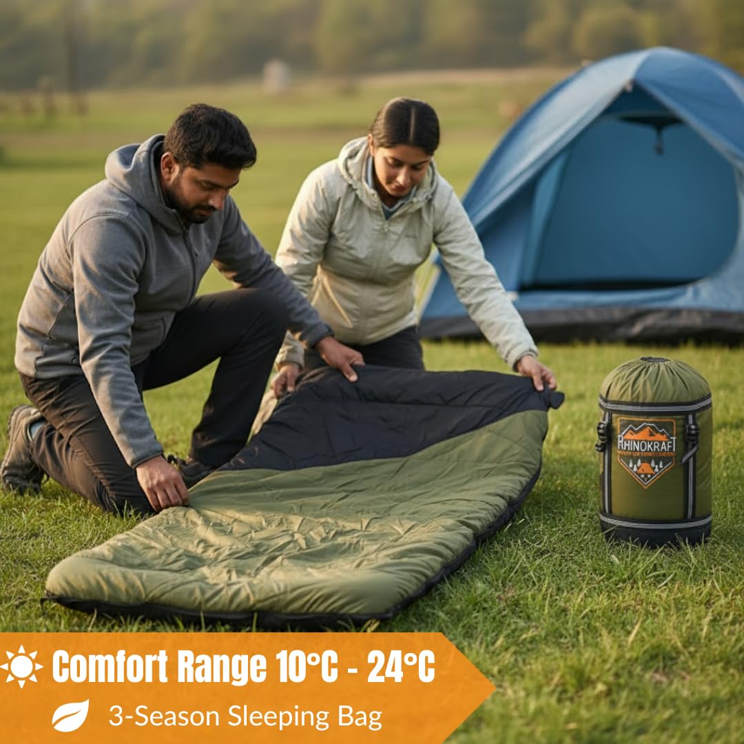 RhinoKraft Spartan Olive Rectangular Sleeping Bag | Lightweight 1.3 kg | Comfort 12 °Celcius | Durable Nylon & Reliance Fibre | Packable for Camping, Biking & Trekking