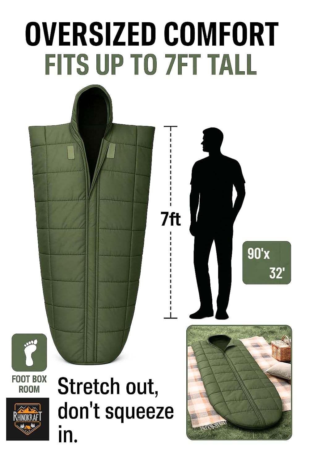 RhinoKraft Ranger Army-Grade Mummy Sleeping Bags for Adults | Premium TPU Shell with Fixed Fur Insulation | Extra-Tall 7ft Fit | Sub-Zero Rated