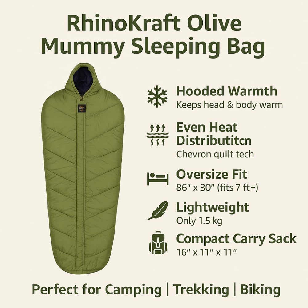 RhinoKraft Olive Mummy Sleeping Bag | 8–20 °C Comfort | 1.5 kg Lightweight | Oversize 86″×30″ for 7-ft Plus | Compact Hooded Design for Camping, Trekking & Biking