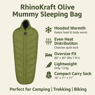 RhinoKraft Olive Mummy Sleeping Bag | 8–20 °C Comfort | 1.5 kg Lightweight | Oversize 86″×30″ for 7-ft Plus | Compact Hooded Design for Camping, Trekking & Biking