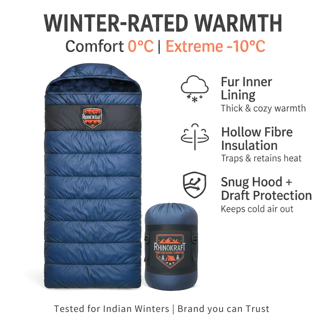 RhinoKraft -10 Degree | Soft Fur Lining | Extra Large Size | 2.4 Kg Weight | Soft and Warm Sleeping Bag for Adventure | Camping, Trekking and Outdoor Activity