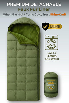 RhinoKraft Arctic Series Sleeping Bag for Adults | -10°C Winter Camping Sleeping Bag with Detachable Fur Liner | Heavy-Duty 3.2 kg Rectangular Design | Water-Resistant Butter Nylon | 6.5 ft Height Fit