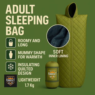 RhinoKraft Beast Quilted Mummy Sleeping Bag | Fixed Fur Insulation for Winter | 5–20 °C Comfort | 1.7 kg Lightweight | Fits Up to 7-ft Tall | Rugged Olive Army Sleeping Bag for Camping & Trekking