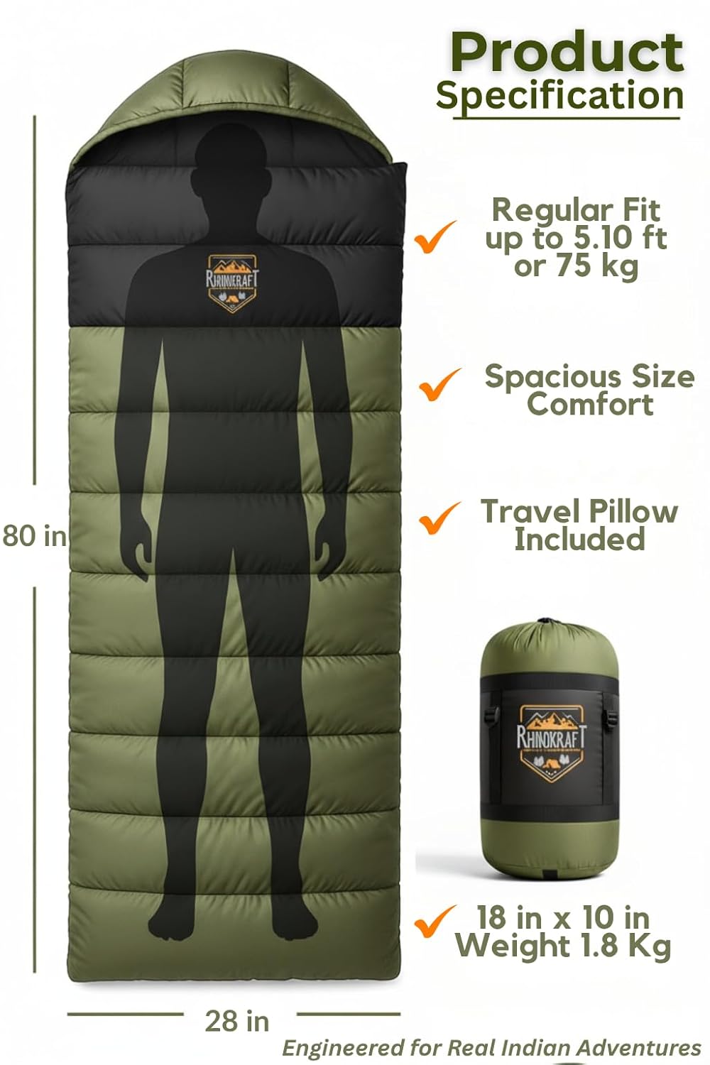 RhinoKraft Rectangular Sleeping Bag with Pillow | Lightweight, Waterproof, Compact for Camping, Trekking, Travel | Comfort Temp 0°C to 18°C | Includes Carry Bag