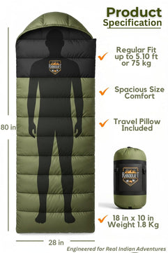 RhinoKraft Rectangular Sleeping Bag with Pillow | Lightweight, Waterproof, Compact for Camping, Trekking, Travel | Comfort Temp 0°C to 18°C | Includes Carry Bag