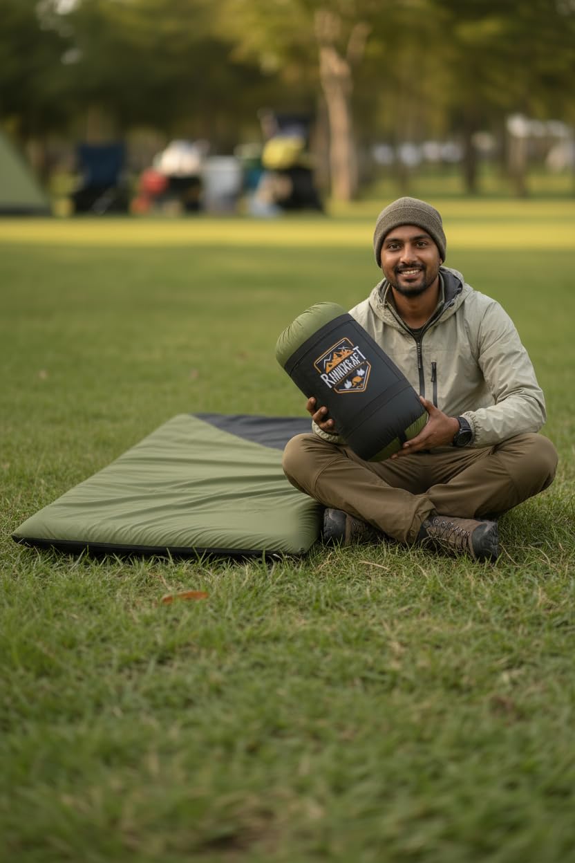 RhinoKraft Spartan Olive Rectangular Sleeping Bag | Lightweight 1.3 kg | Comfort 12 °Celcius | Durable Nylon & Reliance Fibre | Packable for Camping, Biking & Trekking