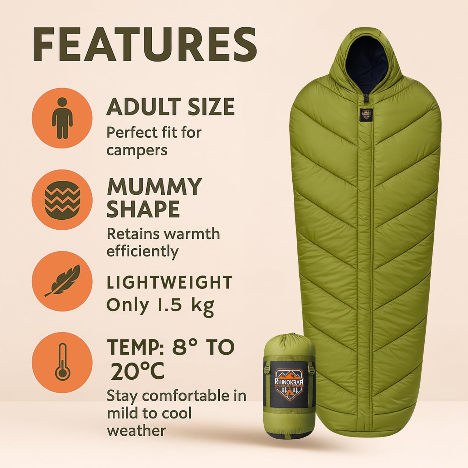 RhinoKraft Olive Mummy Sleeping Bag | 8–20 °C Comfort | 1.5 kg Lightweight | Oversize 86″×30″ for 7-ft Plus | Compact Hooded Design for Camping, Trekking & Biking