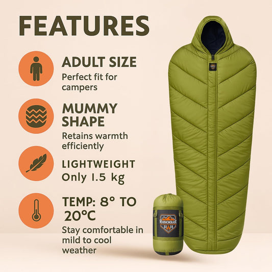 RhinoKraft Olive Mummy Sleeping Bag | 8–20 °C Comfort | 1.5 kg Lightweight | Oversize 86″×30″ for 7-ft Plus | Compact Hooded Design for Camping, Trekking & Biking