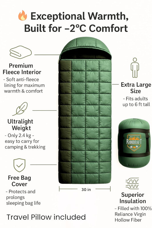 RhinoKraft -2 Degree | Anti Fleece Liner | 2.4 Kg Weight | Super Warm | Sleeping Bag for Adventure | Camping, Trekking and Outdoor Activity RK-TOM