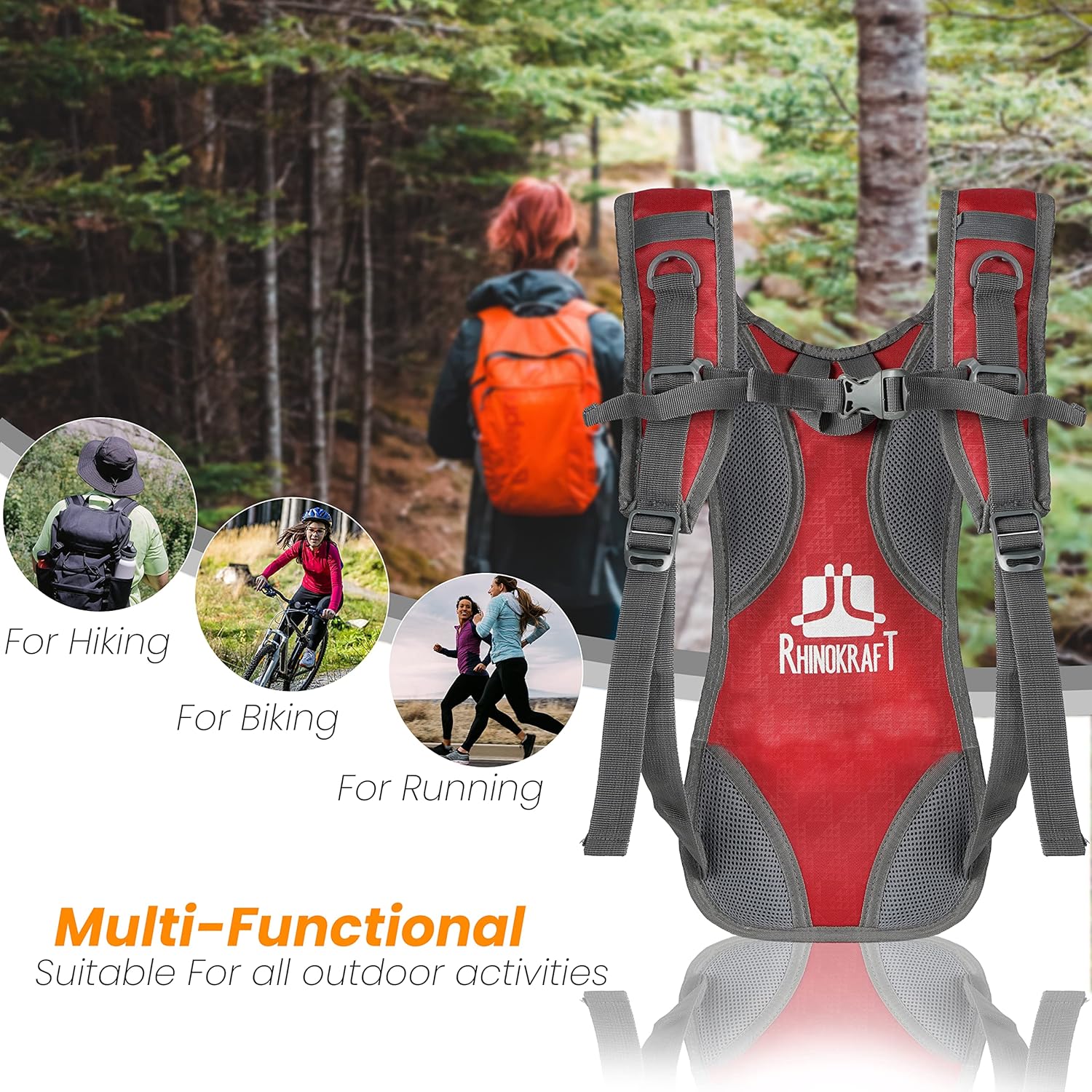 RhinoKraft Ultralight Hydration Pack for Outdoor Adventures - Lightweight, Easy-to-Use, and Secure Front Compartment - Stay Hydrated and Hassle-Free! RK-HYD-T-RED