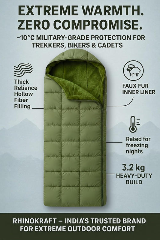 RhinoKraft Arctic Series Sleeping Bag for Adults | -10°C Winter Camping Sleeping Bag with Detachable Fur Liner | Heavy-Duty 3.2 kg Rectangular Design | Water-Resistant Butter Nylon | 6.5 ft Height Fit