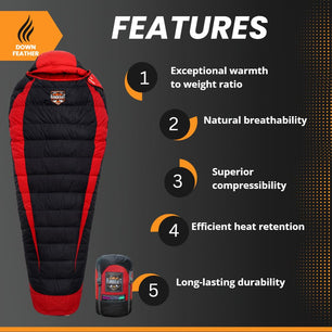 RhinoKraft -10 Degree Mummy Down Sleeping Bag for Adults | Lightweight with Compression Sack | RK-ALPY-RED