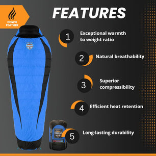 RhinoKraft -10 Degree Mummy Down Sleeping Bag for Adults | Lightweight with Compression Sack | RK-ALPY-BLUE