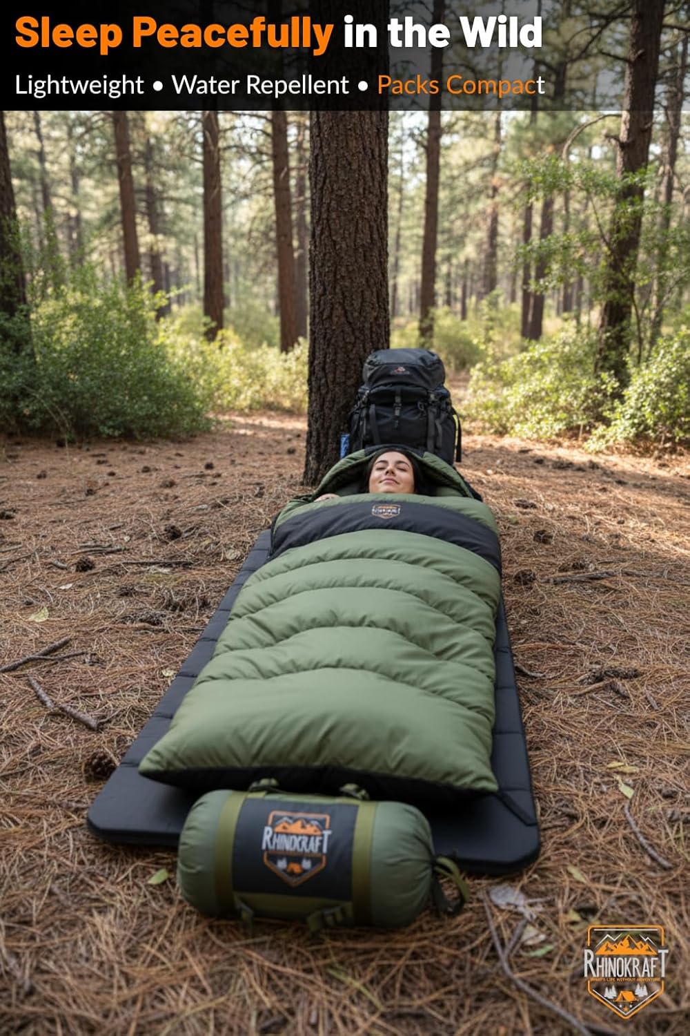 RhinoKraft Rectangular Sleeping Bag with Pillow | Lightweight, Waterproof, Compact for Camping, Trekking, Travel | Comfort Temp 0°C to 18°C | Includes Carry Bag